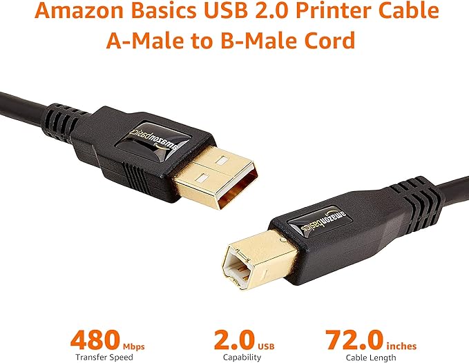 Amazon Basics USB 2.0 Cable, USB-A to USB-B, for Printer or External Hard Drive, Connect to Computer/Laptop/PC, 480 Mbps Transfer Speed, Gold-Plated Connectors, 6 Foot, Black