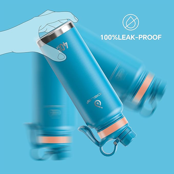 IDEUS Insulated Stainless Steel Water Bottle with 2 Leak-Proof Lids, Thermal Water Flask for Hiking Biking, 40oz, Blue Atoll