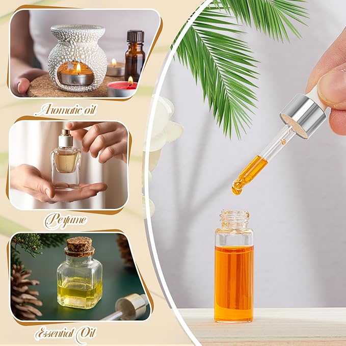 200 Pcs Mini Glass Oil Dropper Bottle Bulk, Clear Essential Small Empty Bottles Sample Containers Perfume Liquid Vials with Cap for Traveling (5 ml,Silver)