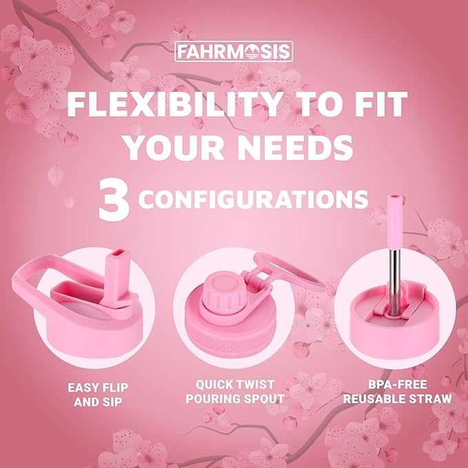 64 Oz Water Bottle with Straw Stainless Steel Sports Water Bottle with 3 Lids (Straw, Chug and Flip Lid) Leak Proof Metal Half Gallon Jug for Men & Women - Pink