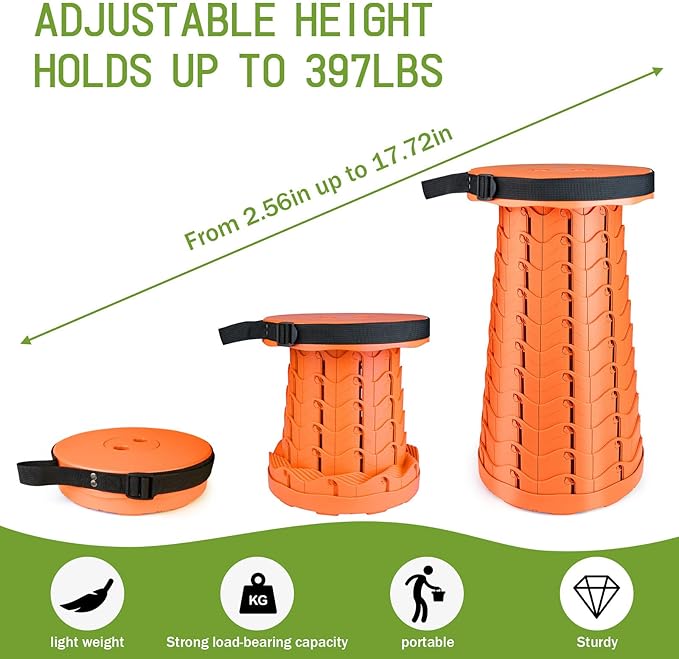 Deer's Life Portable Collapsible Stool with Cushion Pad, Retractable Folding Telescopic Camping Seat for Adults, Small Lightweight Sturdy Adjustable Stools for Travel,Kitchen,Garden,Fishing