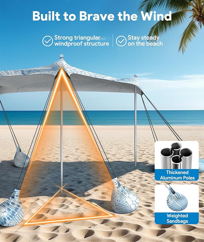 Beach Tent Sun Shelter, 10 x 10 FT Beach Canopy Tent Sun Shade, UPF50+ Tents Canopy with 8 Sandbags & 4 Stability Poles, Outdoor Tents for Camping Fishing, Starfish