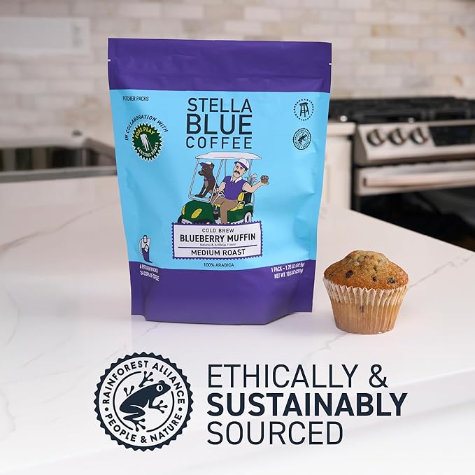 Stella Blue Cold Brew Coffee Packets, Blueberry Muffin, Medium Roast Ground Coffee, Blueberry, Warm Cinnamon and Brown Sugar Notes, 100% Arabica, 6 Brew Packets, Makes 24 Bold Cups