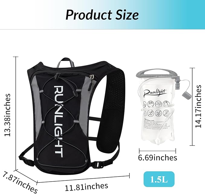 Running Vest for Women Men, Adjustable Hydration Backpack Breathable Reflective with 1.5L Water Bladder for Hiking, Trail, Running, Marathons, Cycling