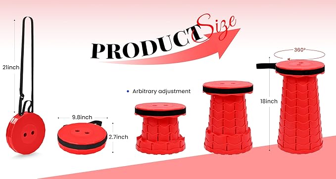 2 Pack Upgraded Collapsible Stool Folding Stool with Cushion,Retractable Folding Stool Max Load Capacity 400lbs, Portable Telescoping Stools for Camping Hiking Outdoor BBQ -Red