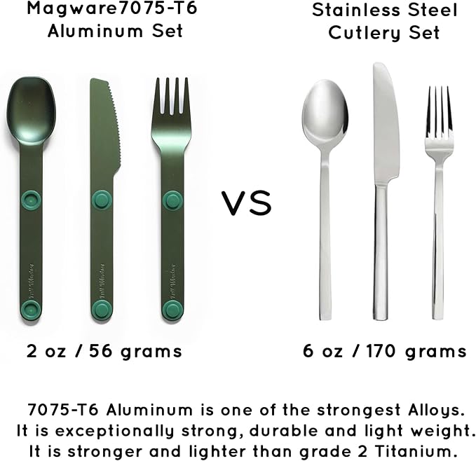 FULL WINDSOR - MAGWARE Magnetic Camping Cutlery Set - Travel Utensils for Camping, Cooking, and Outdoor Dining - Knife, Fork & Spoon - Portable Silverware with Pouch - Green (3 PCS)