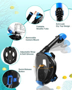 Mask Fins Snorkeling Gear for Adults, Full Face Snorkel Mask & Adjustable Swim Fins Snorkel Set, Panoramic View Snorkel Mask Dry Top Anti-Fog Anti-Leak
