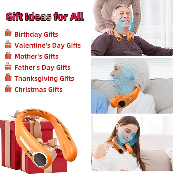 Portable Neck Fan,Hands Free Personal Wearable Bladeless Fan,6000mAh USB Rechargeable,360° Cooling,LED Display,4-Speeds,Birthday Gifts for Men Women Dad Mom,Outdoor Indoor Travel Camping (Orange)