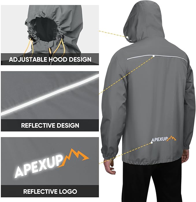 APEXUP Packable Rain Jacket Men with Reflective Zipper, Lightweight Waterproof Raincoat, Mens Rain Jacket for Outdoor Sports