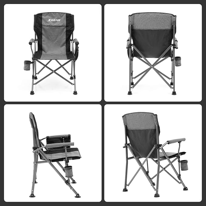 XGEAR Camping Chair Hard Arm High Back Lawn Chair Heavy Duty with Cup Holder, for Camp, Fishing, Hiking, Outdoor, Carry Bag Included