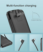 2-Pack 10000mAh Phone Portable Charger Power Bank, Built in Cable and AC Wall Plug, Fast Slim USB C Charging Battery Pack Travel Essentials Compatible with iPhone, Android, Black & Pink