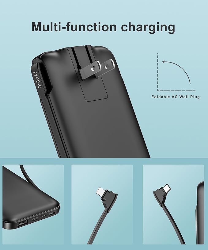 2-Pack 10000mAh Phone Portable Charger Power Bank, Built in Cable and AC Wall Plug, Fast Slim USB C Charging Battery Pack Travel Essentials Compatible with iPhone, Android, Black & Pink