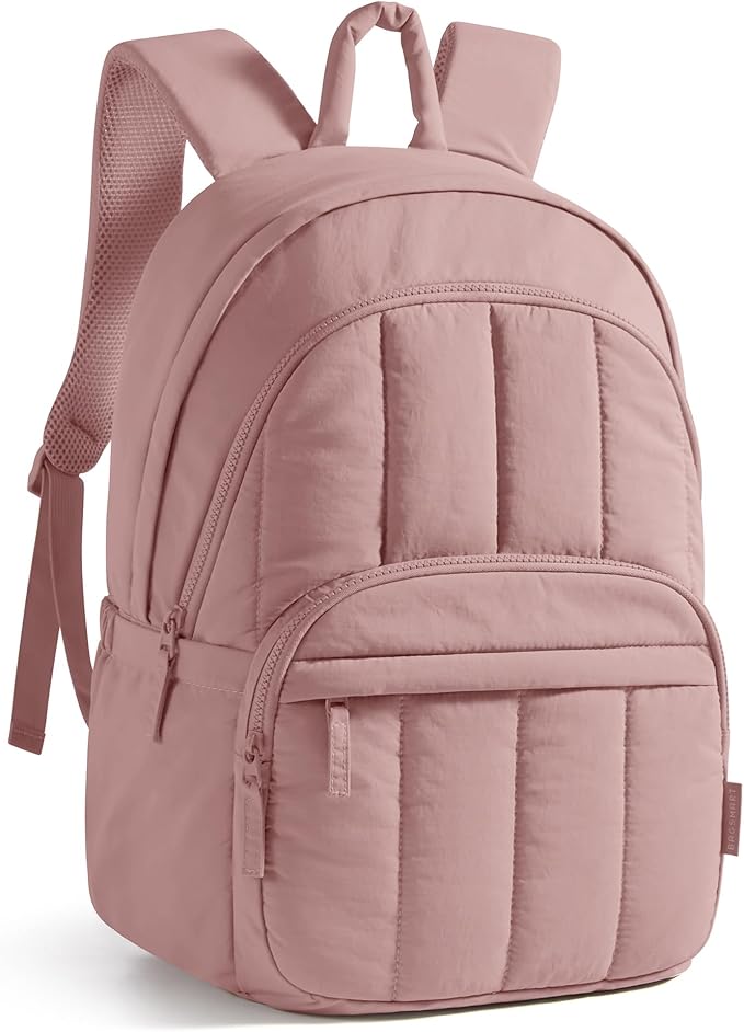 BAGSMART Womens Backpack Travel Laptop Backpack for Women, Quilted College Laptop Bookbag, Work Back Pack for Women, Cute Computer Water-Resistant Casual Daypack, Puffer Dark Pink