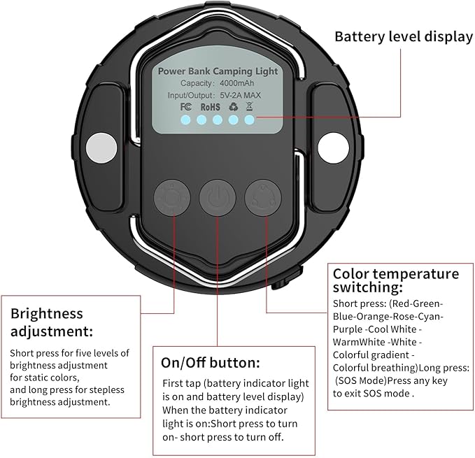 LED Camping Lantern Rechargeable 1000LM, 12 Lighting Modes Hanging Light with Magnetic Base, Portable 4000mAh RGB Tent Lights for Camping, Emergency, Hurricane, Power Outages, Home, Hiking