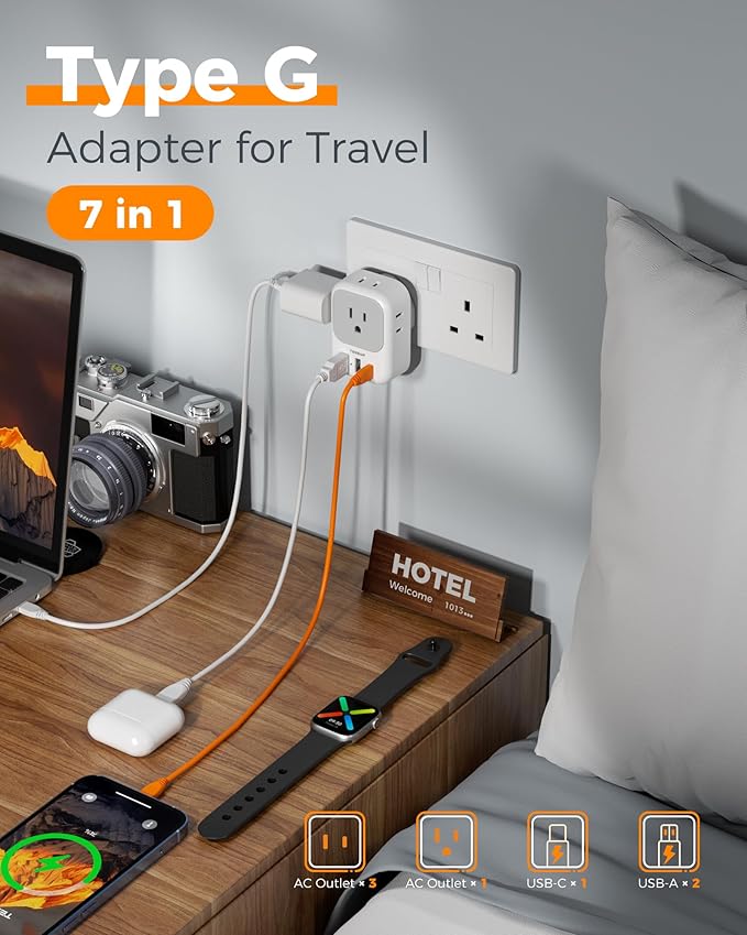 US to UK Plug Adapter PD 20W, TESSAN Type G Travel Converter with 3 USB Charger(1 USB C Port), 4 Outlets Power Adaptor for USA to Qatar Ireland Hong Kong England Scotland Kenya Dubai London British