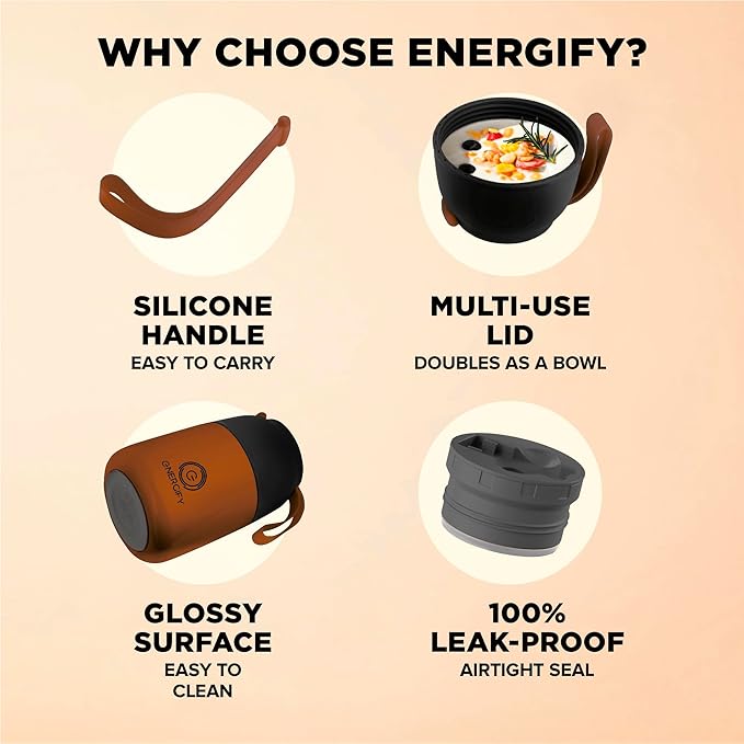 ENERGIFY Vacuum Insulated Food Jar. Large 17oz Bowl incl Folding Spoon, Cup. Wide Mouth Keep Hot & Cold Drinks Soup Lunch Container for Adults BPA-Free Stainless Steel, Leak Prooff Spiced copper