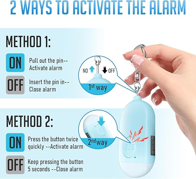 Personal Safety Alarm - 3-Pack - Rechargeable - Strobe LED Flashlight - SOS Emergency Loud Siren - Self-Defense Keychain - for Women, Students, Children, Seniors (White, Pink, Blue)
