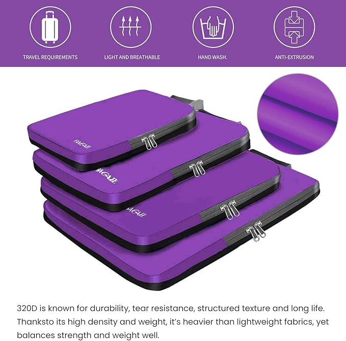 BAGAIL 4 Set/6 Set/8 Set Compression Packing Cubes Travel Accessories Expandable Packing Organizers (Cloth Pattern, 4-Purple)