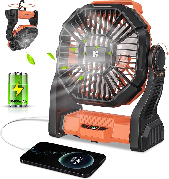 Deller 20400mAh Portable Rechargeable Fan, Tent Fan for Camping with LED Light & Hook, Battery Powered Fans for Beach Travel Treadmill Camping Gear