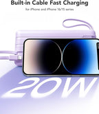 VRURC Portable Charger with Built in Cables 20000mAh, 22.5W Fast Charging USB C Power Bank,LED Display Charging Back with 4 Output 2 Input for iPhone 15/14/13/Pro, Samsung,Android-Purple (1 Pack)