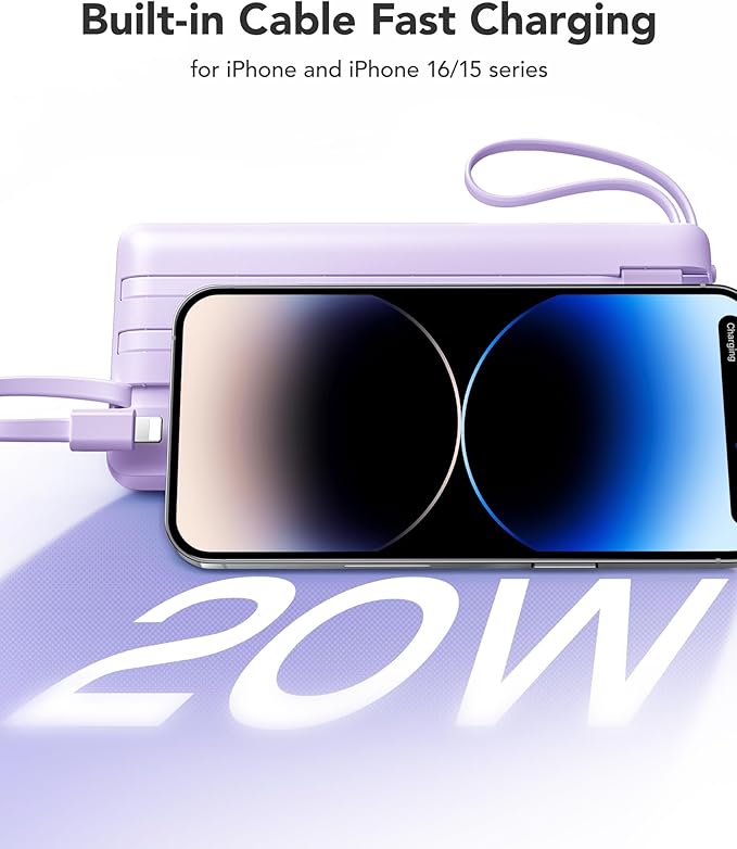 VRURC Portable Charger with Built in Cables 20000mAh, 22.5W Fast Charging USB C Power Bank,LED Display Charging Back with 4 Output 2 Input for iPhone 15/14/13/Pro, Samsung,Android-Purple (1 Pack)