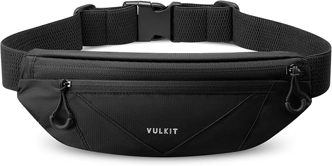 VULKIT Casual Lightweight Fanny Pack for Women & Men, Outdoor Belt Bag to Free Your Hands, Nylon Waterproof Waist Bag with Adjustable Elastic Band, Small Slim Fit Fashion Waist Pack, Black