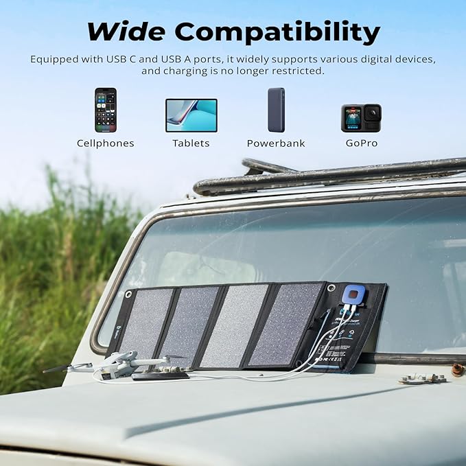 BigBlue Portable Solar Charger 28W with Digital Ammeter,25.4% High-Efficiency, USB-A/USB-C Ports, Folding Waterproof Solar Panels with Carabiners for Camping, Backpacking, Phones, Tablets, Power Bank