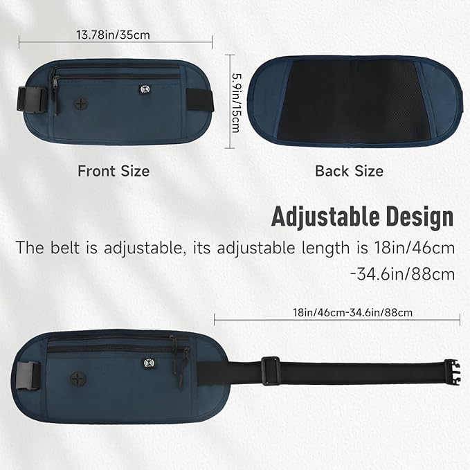 FuninCrea Waterproof Hidden Money Belt for Travel, Anti-Theft Belt Bag with RFID Blocking Function Adjustable Slim Waist Bag with 2 Zipper Pockets and 1 Back Pocket for Men and Women (Style l, Black)