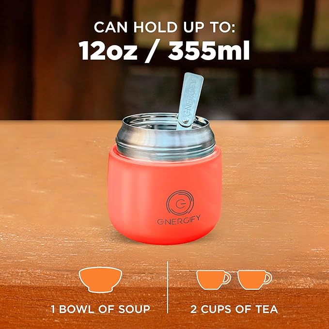 ENERGIFY Vacuum Insulated Food Jar. Large 12oz Bowl incl. Folding Spoon, Cup. Wide Mouth Keep Hot & Cold Drinks Soup Lunch Container for Adults. BPA-Free Stainless Steel, Leak Proof Fusion Coral