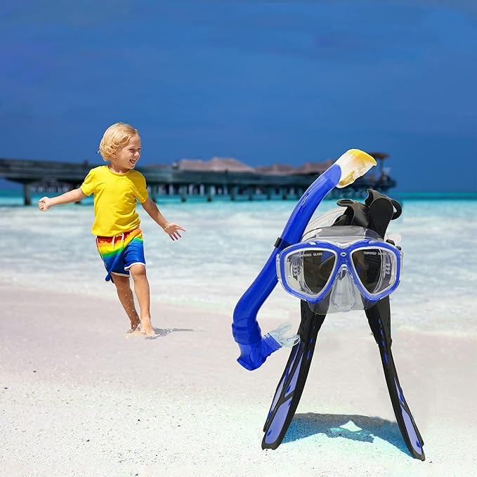 Kids Mask Fins Snorkel Set Snorkeling Packages, with Diving Mask, Snorkel, Adjustable Swim Fins, Mesh Bag, Anti-Fog Anti-Leak Snorkeling Gear for Kids for Snorkeling Swimming Diving