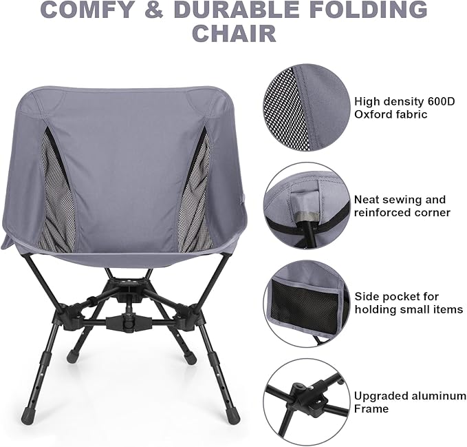 MINGPINHUIUS Lightweight Folding Chair for Camping: Ultra Light Height Adjustable Camp Chair Outdoor Adventures Bilateral Breathable Mesh Structure for Hiking Mountaineering Beach (Gray)