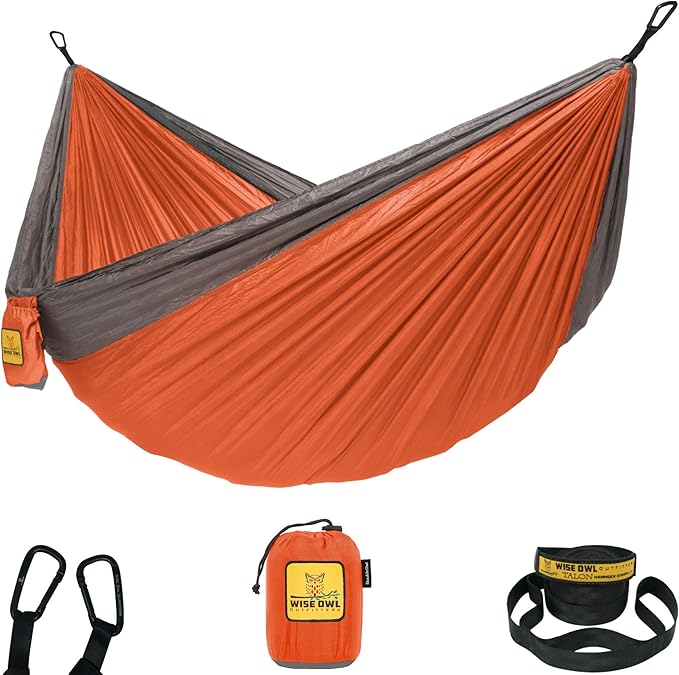 Wise Owl Outfitters Single Hammock & Rain Fly Bundle – Orange Lightweight Camping Hammock with Tree Straps & Waterproof Tarp for Hiking & Outdoor Shelter