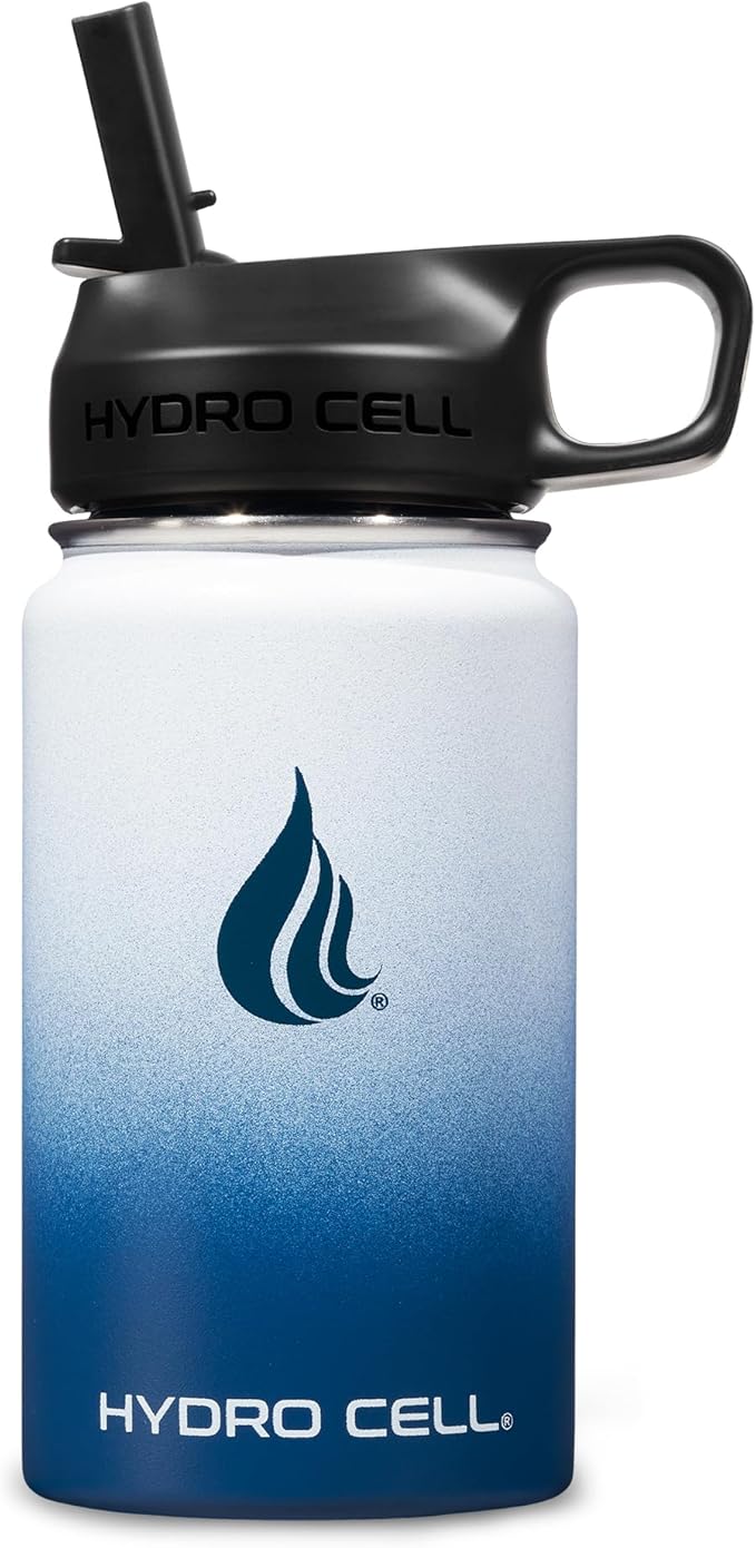 HYDRO CELL Stainless Steel Insulated Water Bottle with Straw - For Cold & Hot Drinks - Metal Vacuum Flask with Screw Cap and Modern Leakproof Sport Thermos for Adults (Navy/White 14oz)
