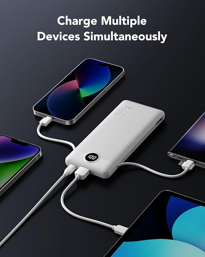 VRURC Portable Charger 10000mAh, Slim Portable Charger with Wall Plug, 22.5W USB Port Fast Charging Power Bank with Cables, 4 Outputs 2 Inputs Travel Essentials Battery for Smartphones-White (1 Pack)