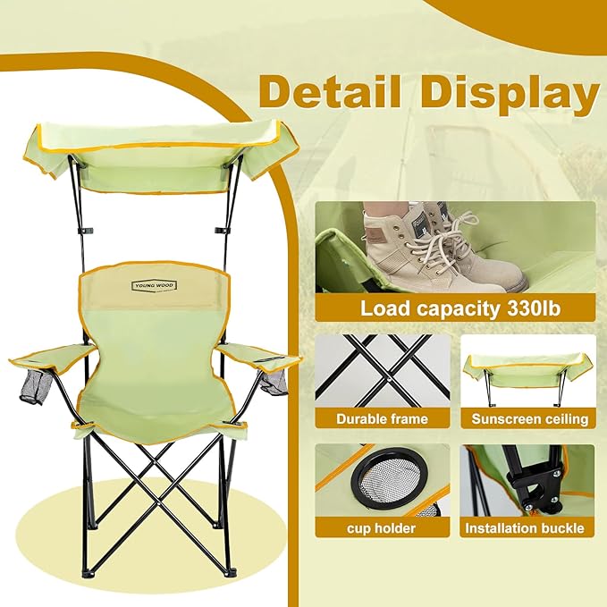 YOUNG WOOD Portable Camping Chair Beach Chair with Shade Canopy, Fold Lightweight Oversized for All, Easy to Open and Close Without Installation, Side Pocket Design for All Outdoor Activities，Green