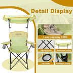 YOUNG WOOD Portable Camping Chair Beach Chair with Shade Canopy, Fold Lightweight Oversized for All, Easy to Open and Close Without Installation, Side Pocket Design for All Outdoor Activities,Green,2p