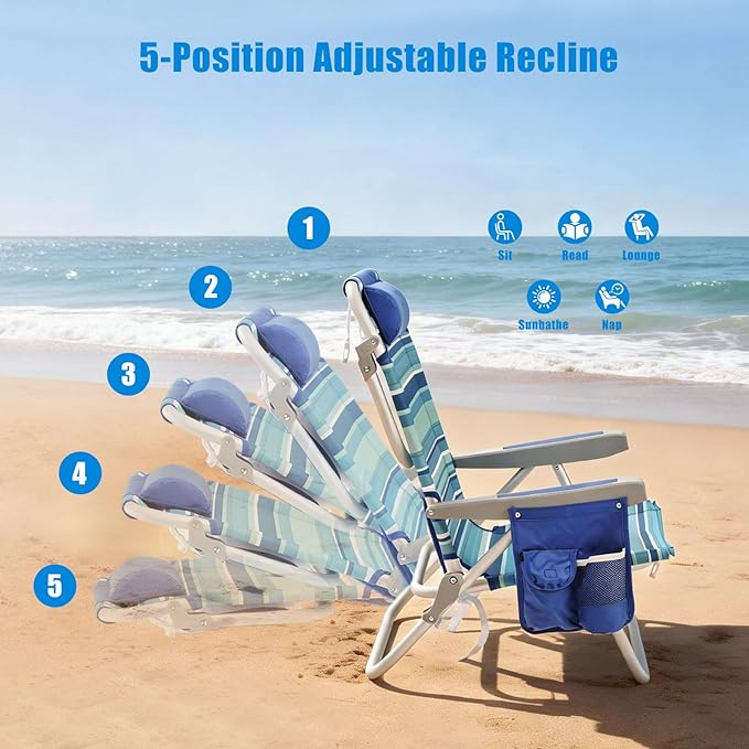 SUNNYFEEL Low Beach Chair 2 Pack, 5-Position Lay Flat Reclining, Backpack Portable Folding Chairs with Cooler Bag & Cup Holder, Heavy Duty 350 LBS, Compact for Beach, Camping, Travel