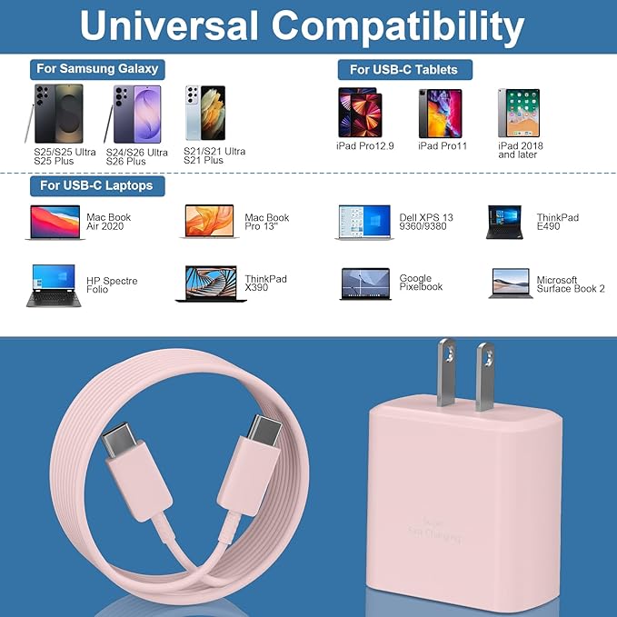 USB-C Super Fast Charger 45Watt Type C Android Phone Charging Block with 10FT Cable for Samsung Galaxy S26 S25 S24 S23 Ultra/S26 S25 S24 S23 S22 S21 S20/Note 10/20-Pink
