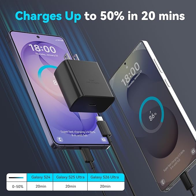 45W Super Fast Charger USB C Android Phone Type C Charger Fast Charging Block with 8FT Cord for Samsung Galaxy S26/S26 Ultra/S26+/S25 Ultra/S25/S24 Ultra/S24/S23 Ultra/S22/S21/S20/Note 10, Black