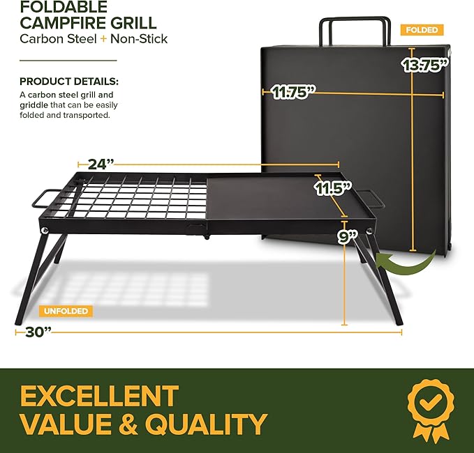 Carbon Steel Foldable Campfire Grill – Portable Grill Grate & Griddle with Large Non-Stick Surface, Sturdy Fold-Out Legs, Compact for Storage, Use Over Fire Pit