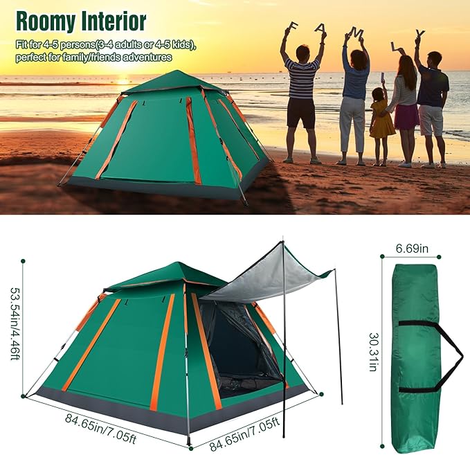 Tents for Camping 4-5 Person with Rainfly, Family Camping Tents Waterproof Windproof with 2 Large Mesh Windows Easy Setup, Outdoor Backpacking Tent for Hiking Climbing Adventure Backyard(Green)