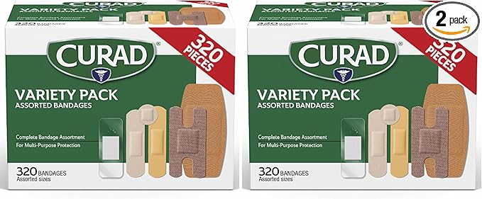Curad Bulk Variety Pack Assorted Bandages, Flex-Fabric, Waterproof, Plastic, Knuckle, Heavy Duty Bandages (320Count) (Pack of 2)