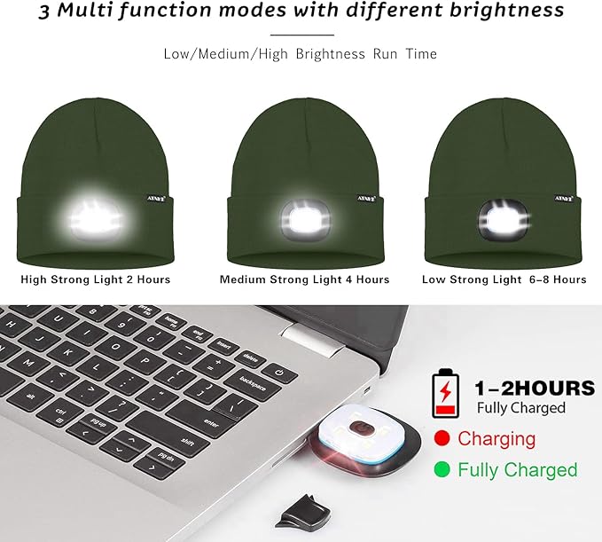 ATNKE LED Lighted Beanie Hat,USB Rechargeable 4 LED Running Headlamp Bright Cap with The Light Gifts for Men and Women