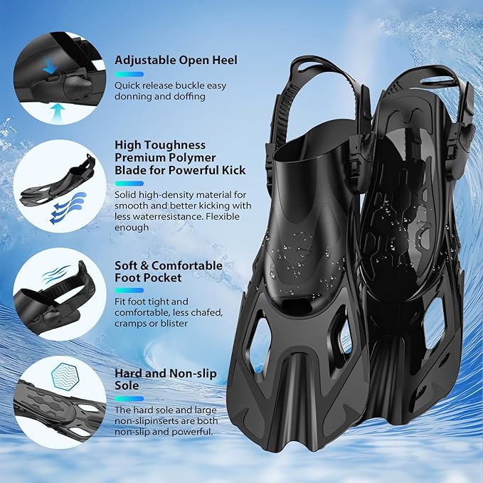 Snorkeling Gear for Adults, Mask Fin Snorkel Set, Dry Top Snorkel, Snorkeling Kit Travel Diving Package, Panoramic View Anti-Fog Anti-Leak Adjustable Swim Fins