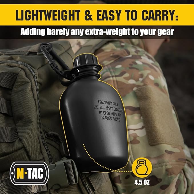 M-Tac Canteen Water Bottle - 1 Quart Water Canteen (34 Oz/1L) - Tactical Water Bottle for Military Hiking Camping Survival (Bottle & Cover Black)