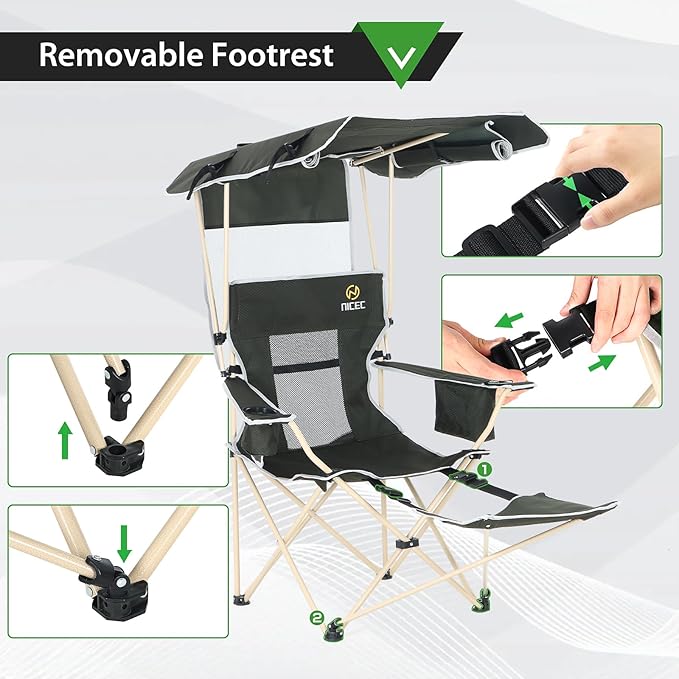 Nice C Chair with Canopy, Umbrella Chairs, Chair with Shades, Sports Chairs, w/Removable Footrest, Cooler Bag, Cup Holder for Camping, Fishing, Sports, Beach (2-P Green)