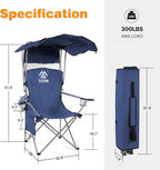 Camping Chair, Oversized Folding Chair with Canopy, Portable Outdoor Chair with Arms, Cup Holder and Carry Bag for Camping, Fishing, Beach, and Sports, Navy Blue