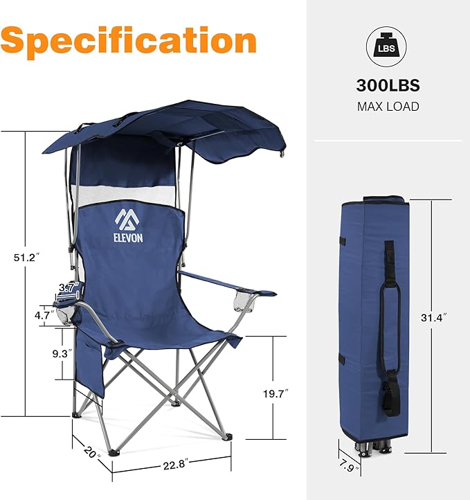 Camping Chair, Oversized Folding Chair with Canopy, Portable Outdoor Chair with Arms, Cup Holder and Carry Bag for Camping, Fishing, Beach, and Sports, Indigo