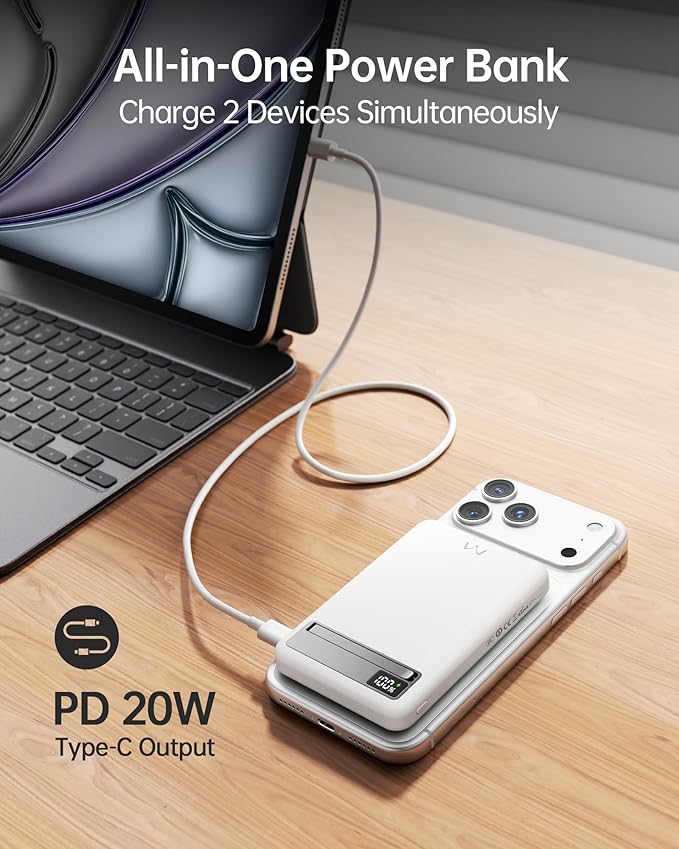 iWALK Magnetic Wireless Power Bank 10000mAh, Slim Portable Charger with 20W PD Cable Fast Charging, Metal Kickstand, LED Display, MagSafe Compatible Battery Pack for iPhone 17/16/15/14/13/12 Series
