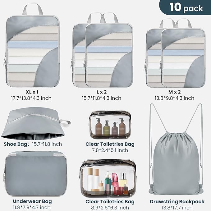 10 Set Compression Packing Cubes, Lightweight Travel Essentials, Stretchable Expandable Storage Bags, Compression Bags for Travel Accessories Luggage Storage Set (10 Pcs, Grey)